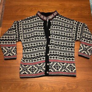 L.L. Bean Womens Fair Isle Nordic Cardigan Sweater Large 100% Wool